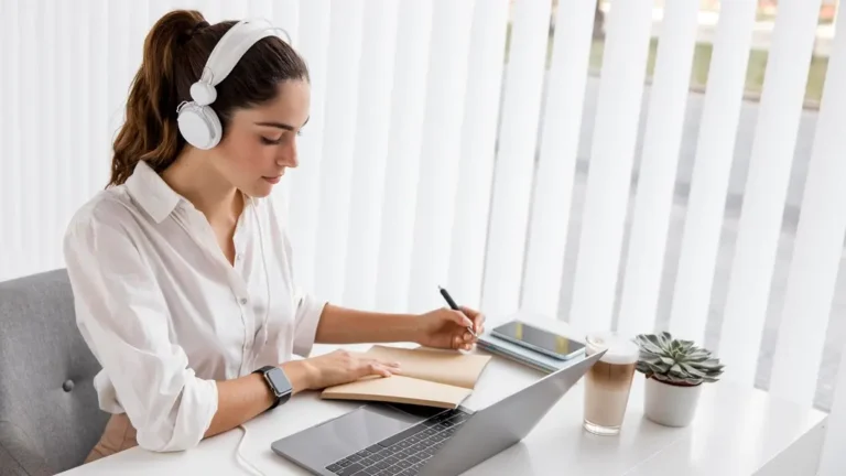 Mujer negocios trabajando computadora portatil auriculares 23 2148788875