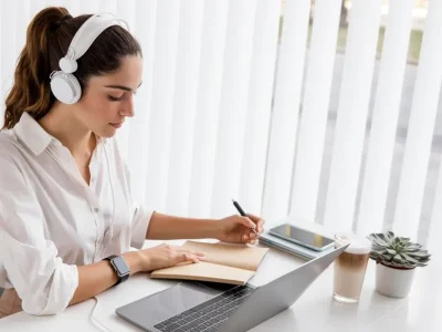 Mujer negocios trabajando computadora portatil auriculares 23 2148788875